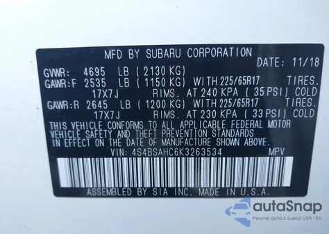 2019 Subaru Outback 2.5I Premium z USA, uszkodzony, nr VIN 4S4BSAHC6K3263534